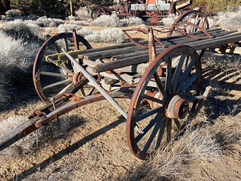 ANTIQUE 19TH CENTURY HORSE DRAWN WAGON FRAME WITH FOUR WAGON WHEELS STILL INTACT - 2