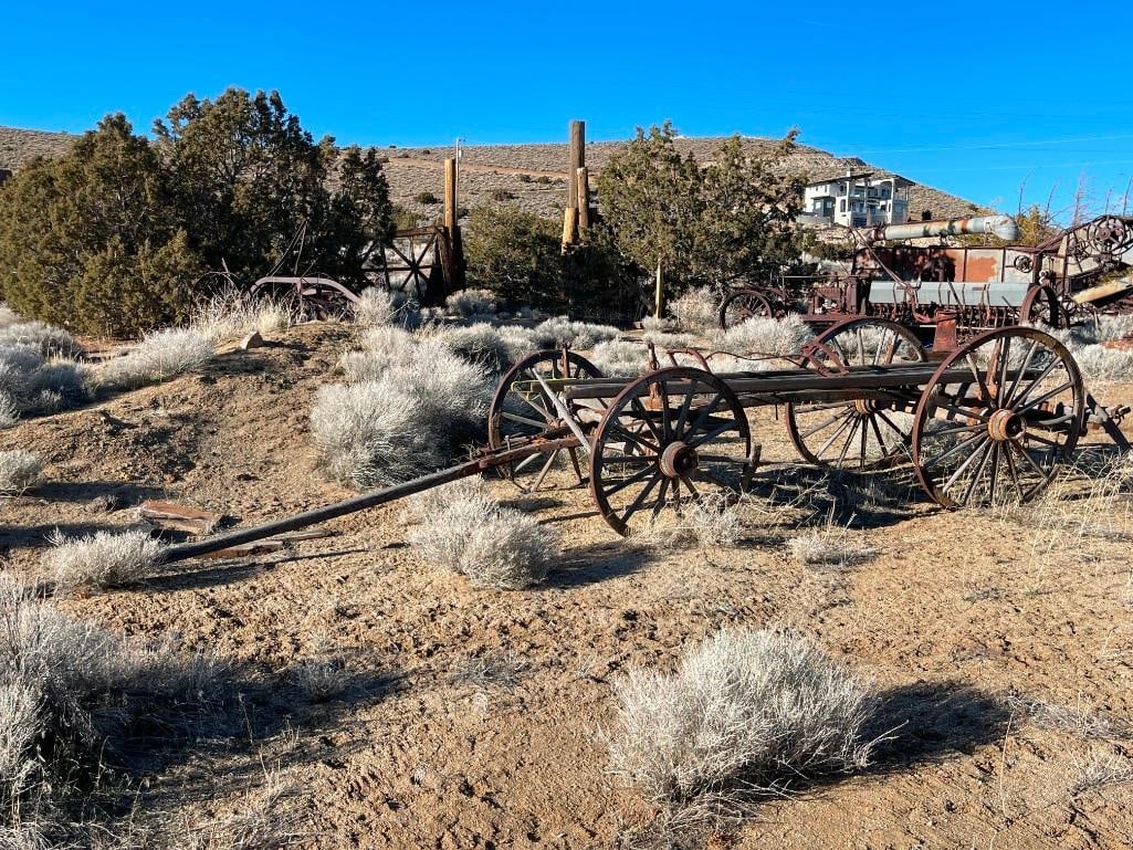 ANTIQUE 19TH CENTURY HORSE DRAWN WAGON FRAME WITH FOUR WAGON WHEELS STILL INTACT - 3