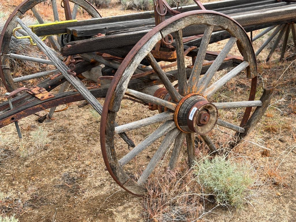 ANTIQUE 19TH CENTURY HORSE DRAWN WAGON FRAME WITH FOUR WAGON WHEELS STILL INTACT - 5