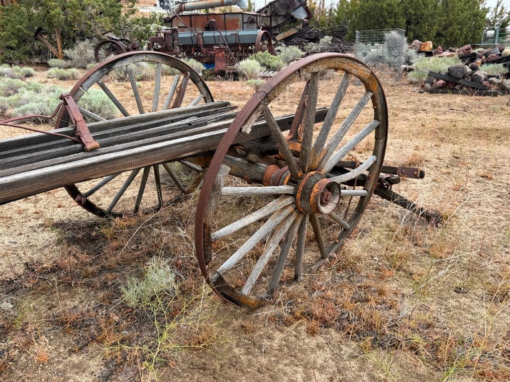 ANTIQUE 19TH CENTURY HORSE DRAWN WAGON FRAME WITH FOUR WAGON WHEELS STILL INTACT - 6