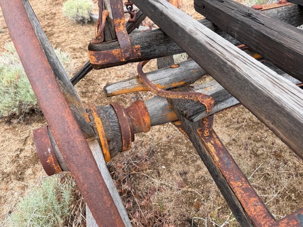 ANTIQUE 19TH CENTURY HORSE DRAWN WAGON FRAME WITH FOUR WAGON WHEELS STILL INTACT - 7