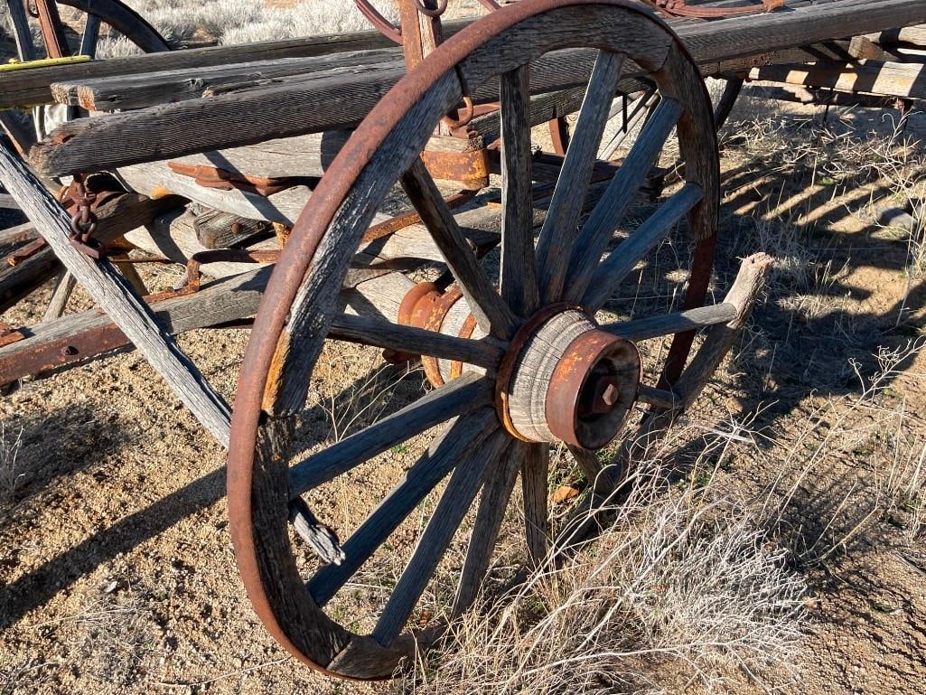 ANTIQUE 19TH CENTURY HORSE DRAWN WAGON FRAME WITH FOUR WAGON WHEELS STILL INTACT - 8