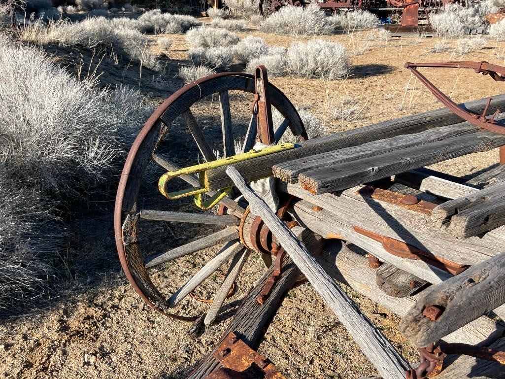ANTIQUE 19TH CENTURY HORSE DRAWN WAGON FRAME WITH FOUR WAGON WHEELS STILL INTACT - 9