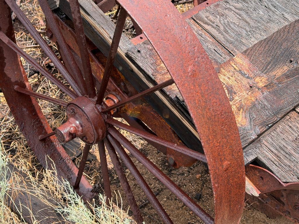 ANTIQUE FARMING / AGRICULTURE IMPLEMENT HORSE DRAWN / TRACTOR DRAWN CART WITH STEEL FRAME WHEELS - 9
