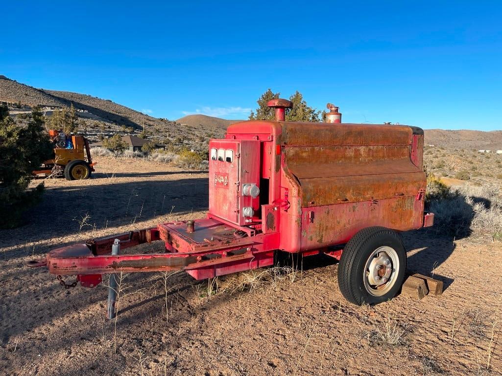 VINTAGE GM TRACTOR DRAWN AIR COMPRESSOR MACHINE: DOES NOT APPEAR TO BE IN RUNNING SHAPE, CIRCA 1960'S - 70'S, CLASSIC RED PAINT, RUSTED FROM WEATHER 160" X 96" X 72" APPROX. TOTAL DIMENSIONS
