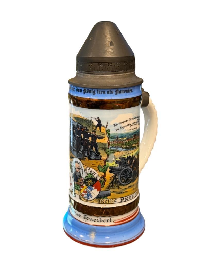 ANTIQUE WWI-ERA GERMAN REGIMENTAL BEER STEIN WITH LITHOPANE:  FEATURES LITHOGRAPHIC SCENES OF MILITARY LIFE, BULLET PEWTER FLIP LID WITH LION, HAND PAINTED, LITHOPANE OF SOLDIER AND WOMAN, NO CHIPS OR CRACKS " H/