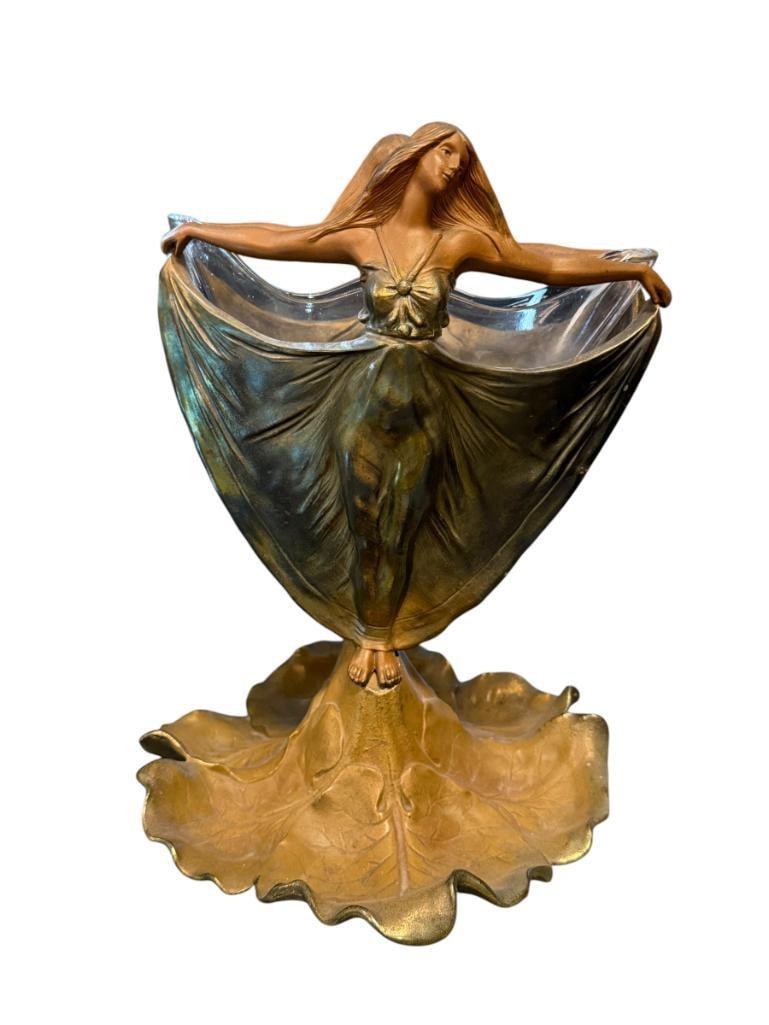 ANTIQUE FRENCH ART NOUVEAU DOUBLE-SIDED NYMPHS CAST METAL VASE IN BRONZE FINISH: STANDING NYMPHS ON ROUND LEAF FORMED BASE, INCLUDES ORIGINAL GLASS INSERT, NUMBERED 5580 ON THE BOTTOM 11" H
