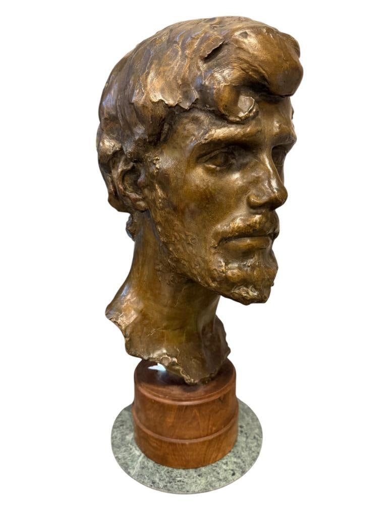 GIAESSERIE RITERSCH FOUNDRY BRONZE NEAPOLITAN FISHERMAN SCULPTURE: MOUNTED ON WALNUT ROUND BASE AND MARBLE PLINTH, MARKED ON THE BOTTOM OF THE NECK 18 5/8" H