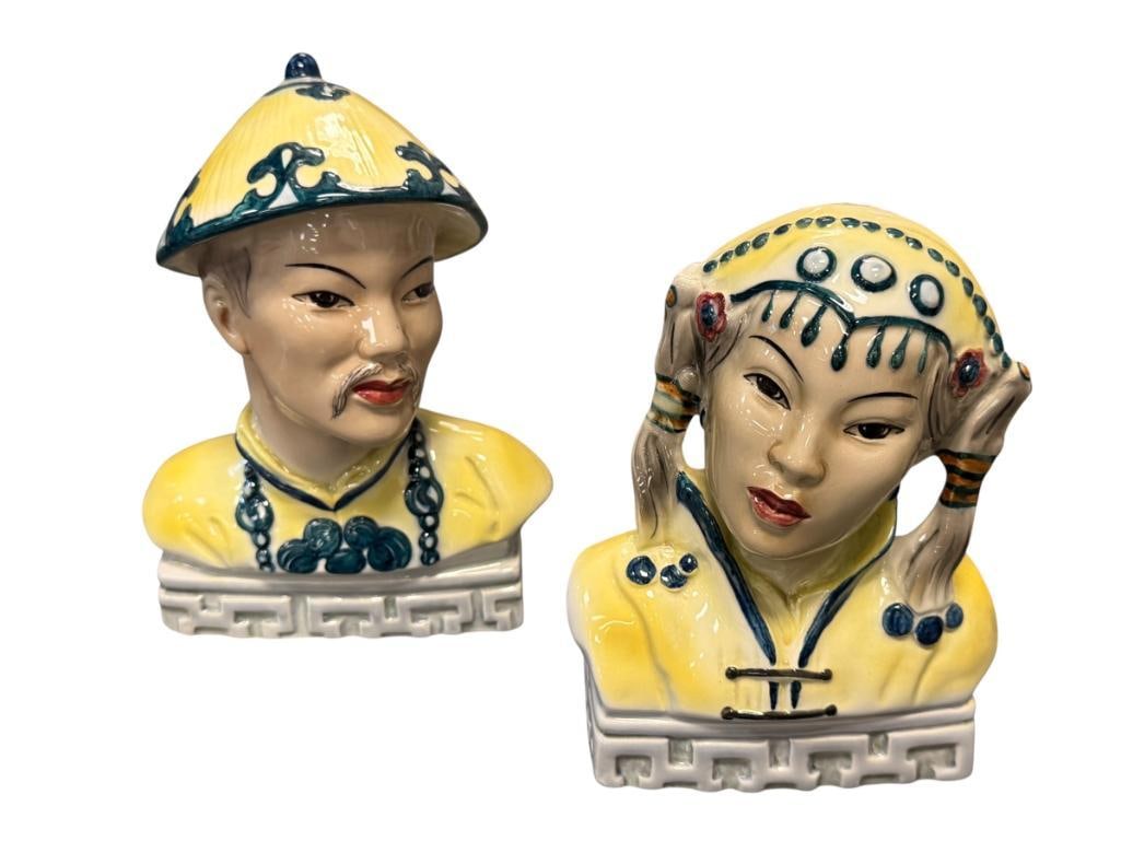 MID-CENTURY GOLDSCHEIDER EVERLAST CORP. COTILLION ASIAN MALE AND FEMALE BUST FIGURES / BOOKENDS: PART OF COTILLION OR MONGOLIAN SERIES CIRCA 1940'S - 1950'S, HAND PAINTED PORCELAIN FIGURES, MARKED ON THE BOTTOM, NO CHIPS OR REPAIRS 7 1/4" AND 6 1/2" H