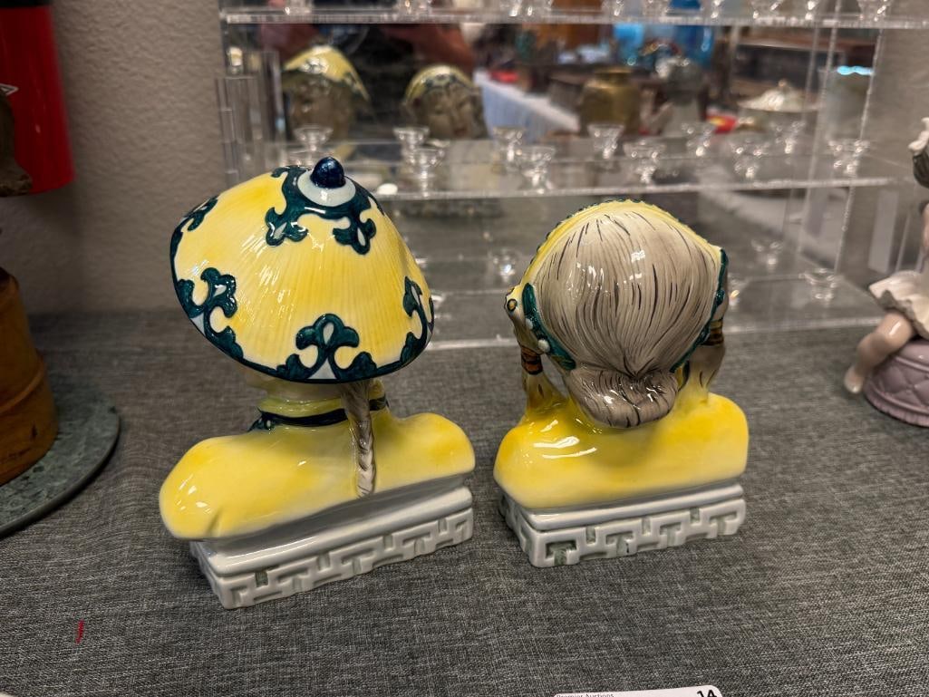 MID-CENTURY GOLDSCHEIDER EVERLAST CORP. COTILLION ASIAN MALE AND FEMALE BUST FIGURES / BOOKENDS - 6