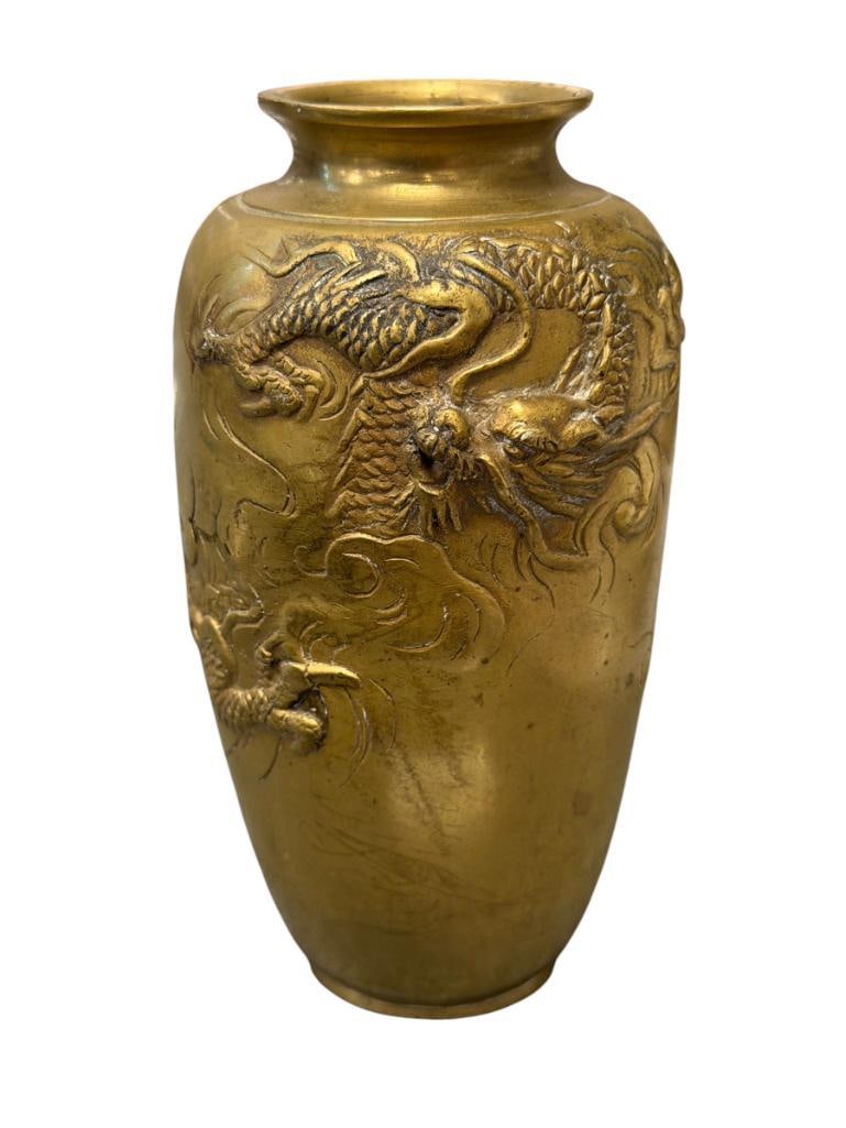 ANTIQUE JAPANESE MEIJI PERIOD GILT BRONZE SMALL VASE WITH RAISED / RELIEF DRAGON MOTIF: CIRCA 1868-1912 6" H