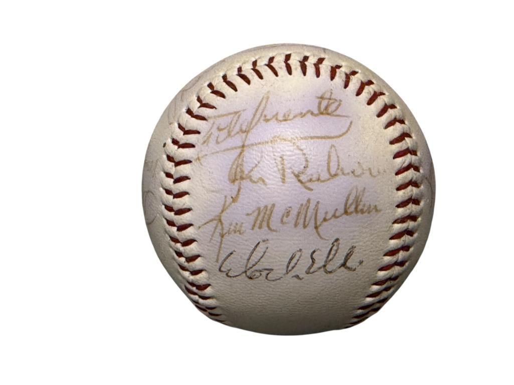 SIGNED / AUTOGRAPHED BASEBALL BY BOB TOLAN, CURT FLOOD, ED HALICKI, ETC.: BALL FEATURES 11 SIGNATURES, ALL SIGNATURES ARE HEAVILY FADED, BUT ARE STILL LEGIBLE, FROM THE ESTATE OF A LOCAL RENO, NV DOCTOR AT RENOWN WHO RAN BIG LEAGUE SPORTS MEDICINE BASEBALL CAMP FOR