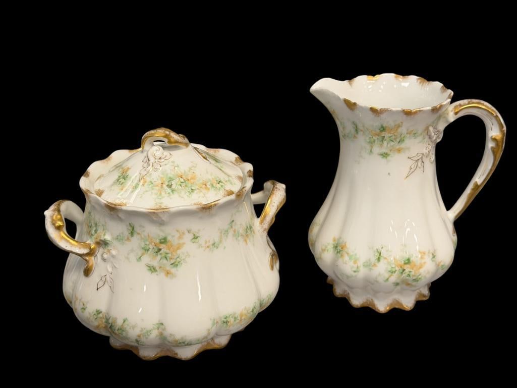 ANTIQUE THEO. HAVILAND LIMOGES LARGE PORCELAIN CREAMER AND SUGAR WITH FLORAL GARLANDS GILT DECORA... (1 of 8)