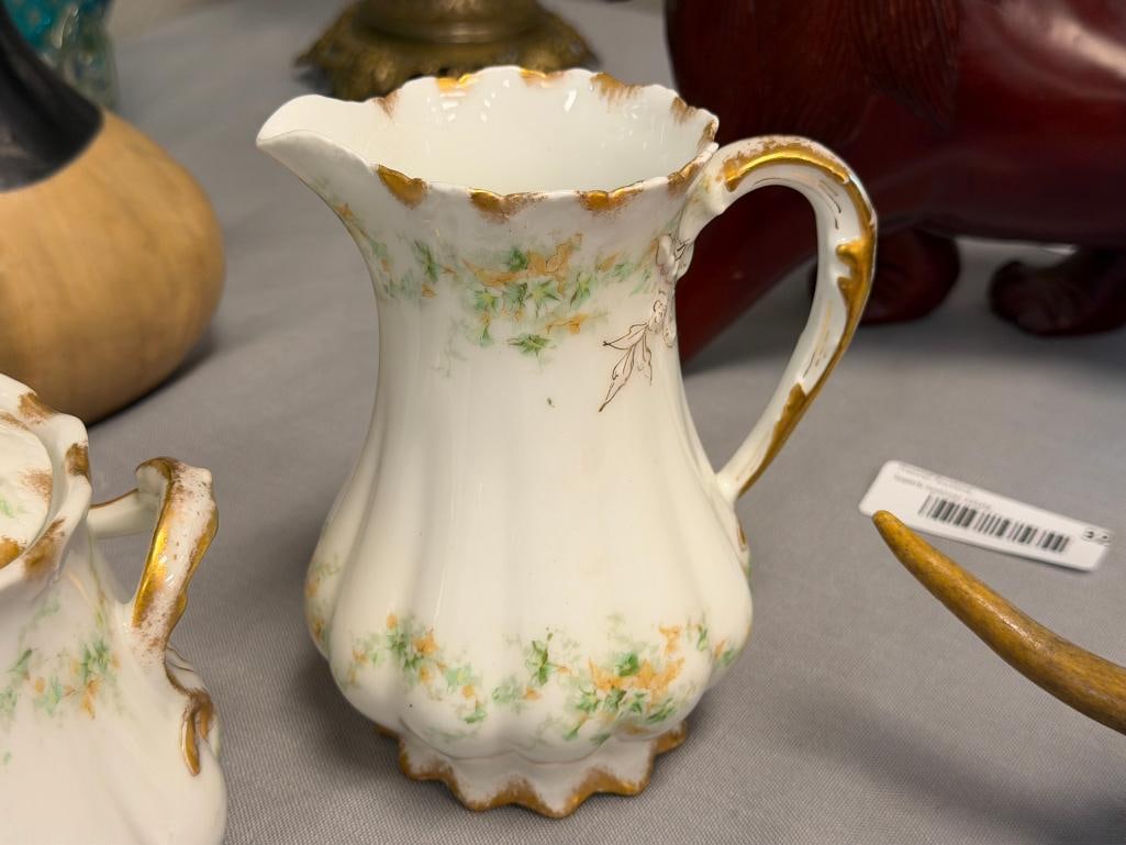 ANTIQUE THEO. HAVILAND LIMOGES LARGE PORCELAIN CREAMER AND SUGAR WITH FLORAL GARLANDS GILT DECORA... - 5
