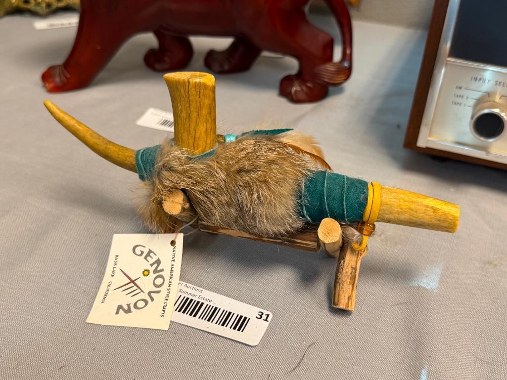 GENOVON 20TH CENTURY BASS LAKE CALIFORNIA NATIVE AMERICAN CEREMONIAL PIPE REPRODUCTION: STAG ANTLER PIPE WRAPPED WITH ANIMAL FUR AND SUEDE, INCLUDES TWIG STAND WITH NOTE 9" PIPE
