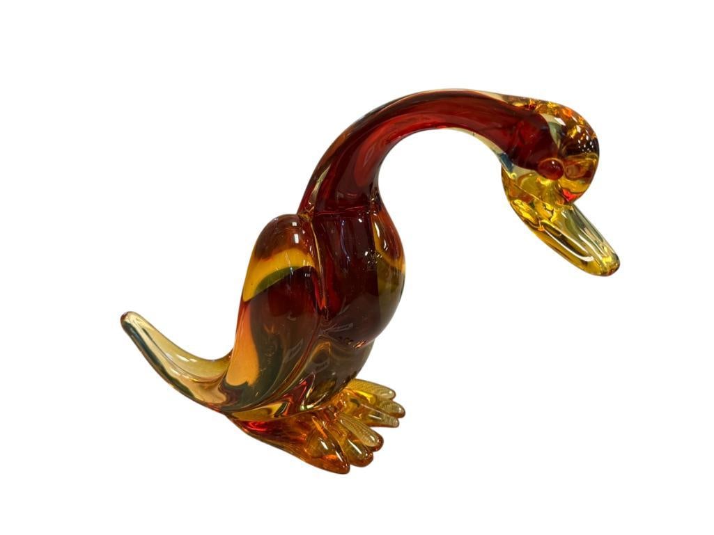 MURANO HAND BLOWN ART GLASS DUCK FIGURINE AMBER AND RED / RUSSET MADE IN ITALY (1 of 6)