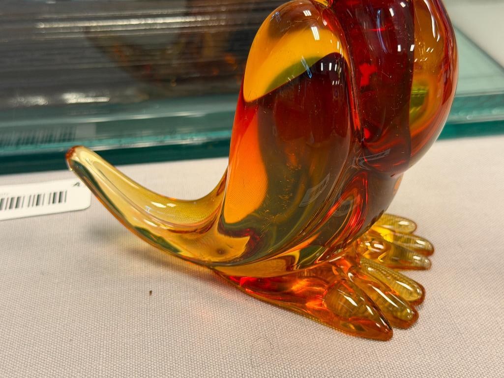 MURANO HAND BLOWN ART GLASS DUCK FIGURINE AMBER AND RED / RUSSET MADE IN ITALY - 3