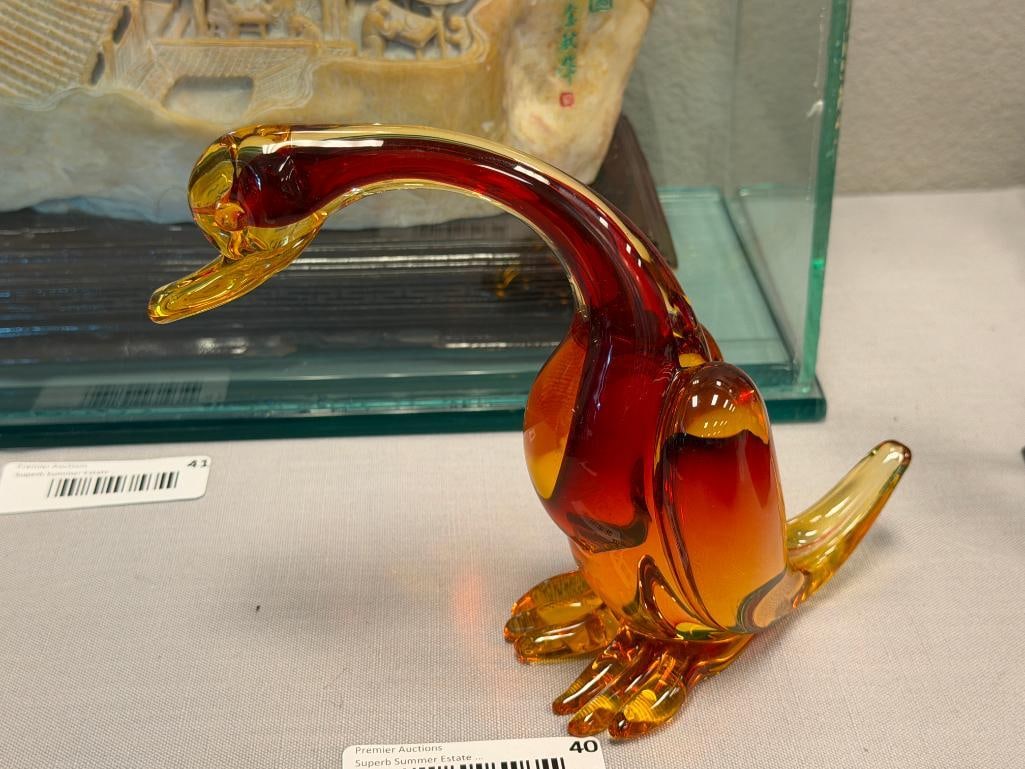 MURANO HAND BLOWN ART GLASS DUCK FIGURINE AMBER AND RED / RUSSET MADE IN ITALY - 4