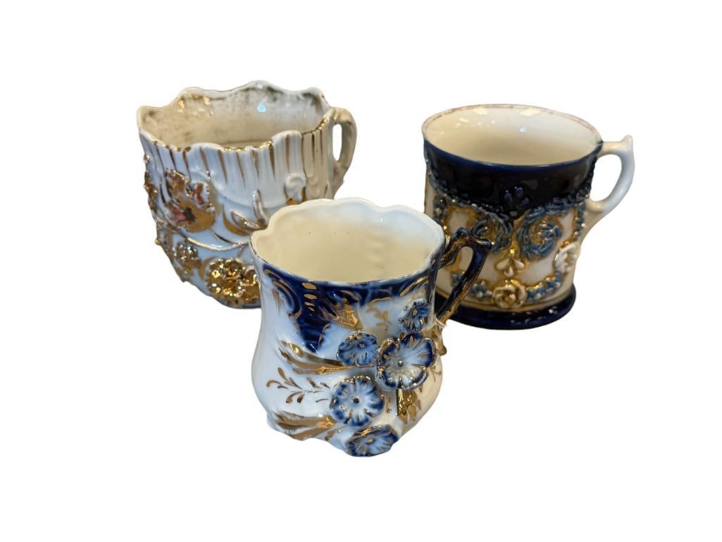 ANTIQUE EUROPEAN PORCELAIN 3D FLORAL DECORATED MUGS WITH GILT ACCENTS (1 of 10)