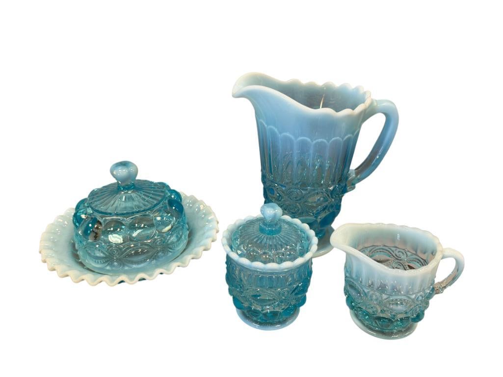 VINTAGE MOSSER GLASS AQUA OPALESCENT EYE WINKER PATTERN BUTTER DISH, CREAMER, SUGAR, AND PITCHER (1 of 10)