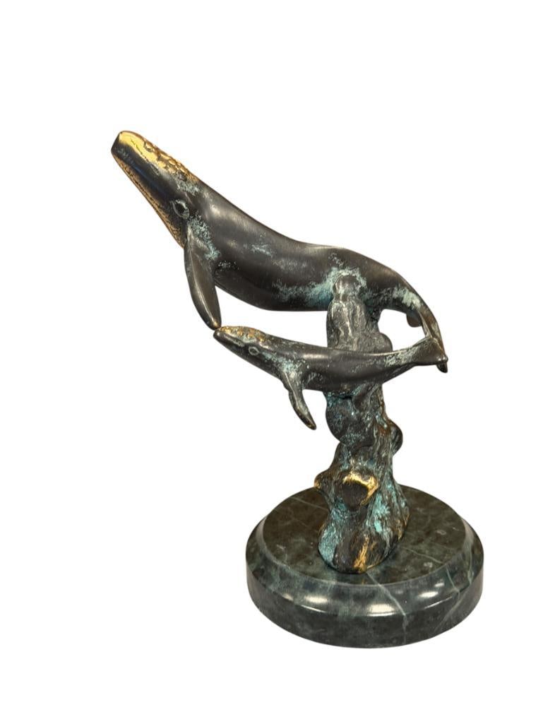 SPI SAN PACIFIV INTL. MINIATURE BRONZE SCULPTURE OF HUMPBACK WHALES: MOUNTED ON GREEN MARBLE BASE, ORIGINAL LABEL ON THE BOTTOM 5 3/4" H