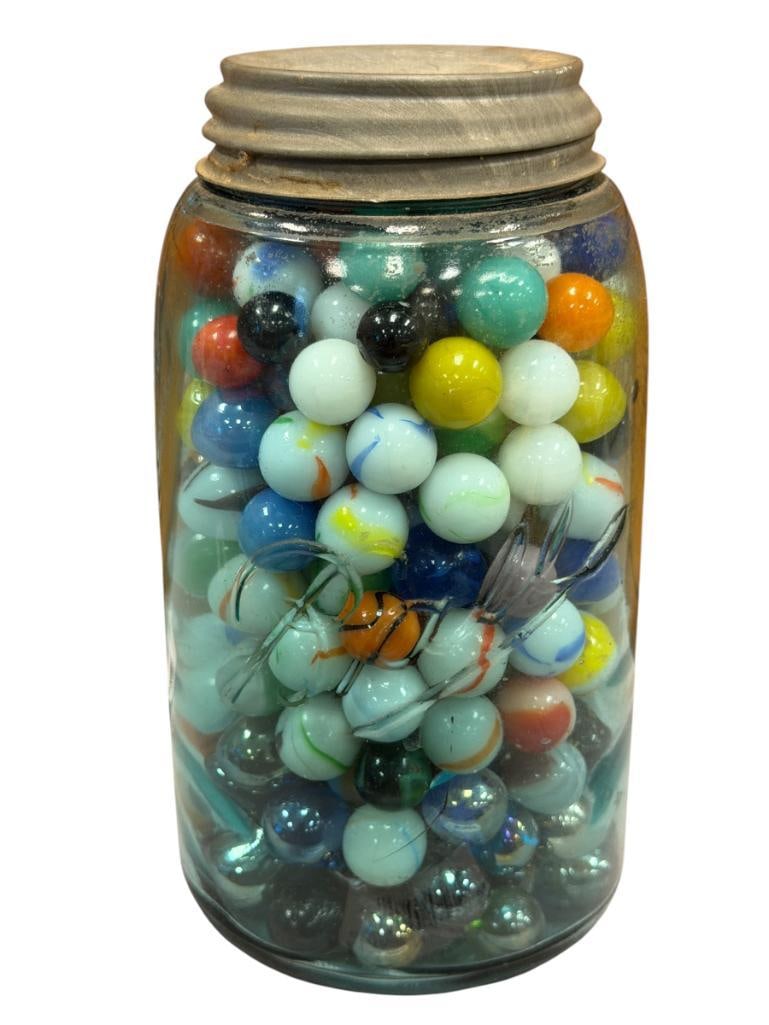 ANTIQUE BALL MASON JAR FILLED WITH MARBLES INCLUDES FEW UV REACTIVE MARBLES (1 of 7)