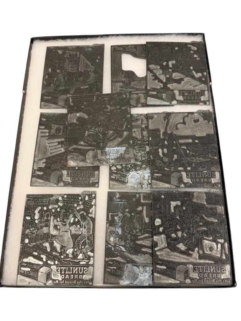 HISTORICAL CALIFORNIA BAKERY SUNLITE BREAD METAL ADVERTISING PRINTING PLATES: TOTAL OF TEN METAL PLATES WITH FIGURES, SUNLITE BREAD OPERATED IN SAN JOSE FROM 1933 TO THE LATE 20TH CENTURY 4" X 4 3/4"