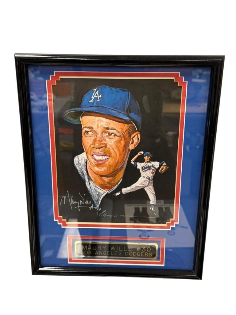 MAURY WILLS AUTOGRAPHED / SIGNED PRINT BY NICHOLAS VOLPE: PRINT IS PART OF 1962 UNION 76 SET FEATURING 24 DODGERS PLAYERS, SIGNED BY MAURY WILLS LOWER RIGHT, WITH ENGRAVED NAME PLATE, FRAMED 12" X 15" FRAME