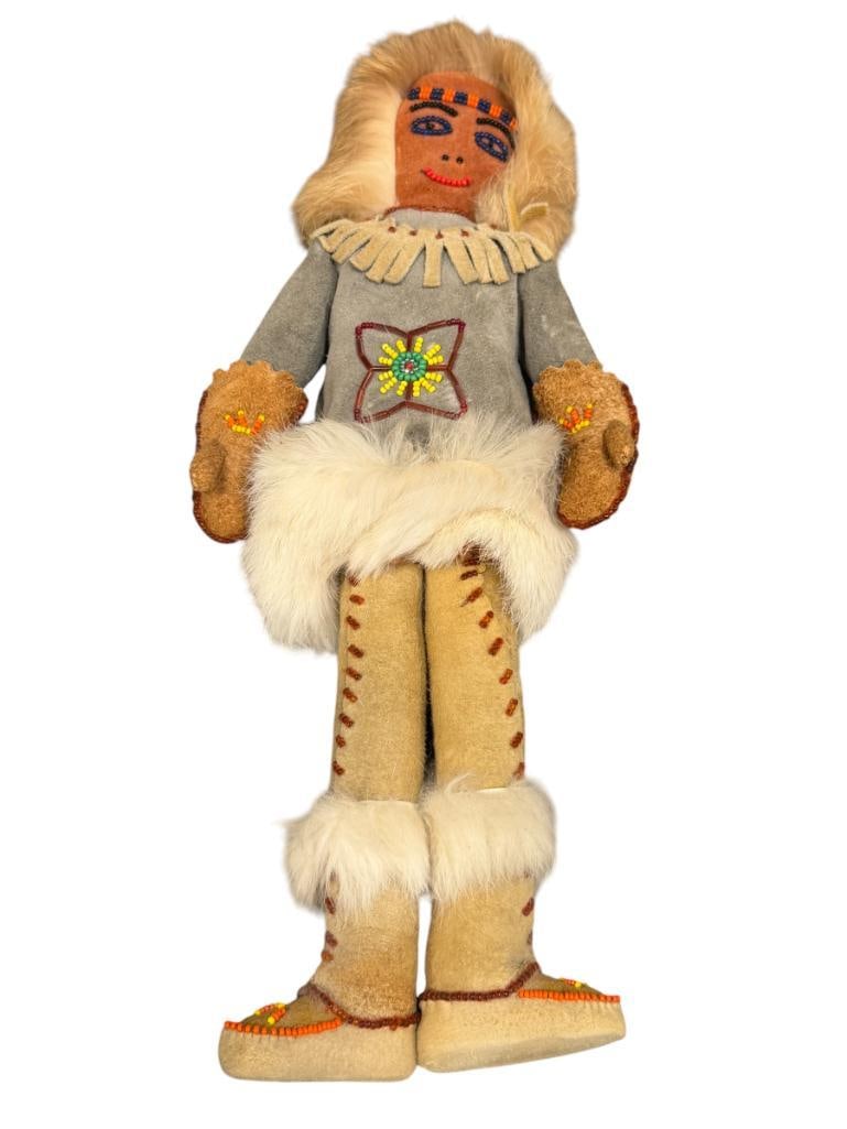 20TH CENTURY NATIVE AMERICAN STUFFED SUEDE DOLL WITH ANIMAL FUR AND BEAD WORK (1 of 7)