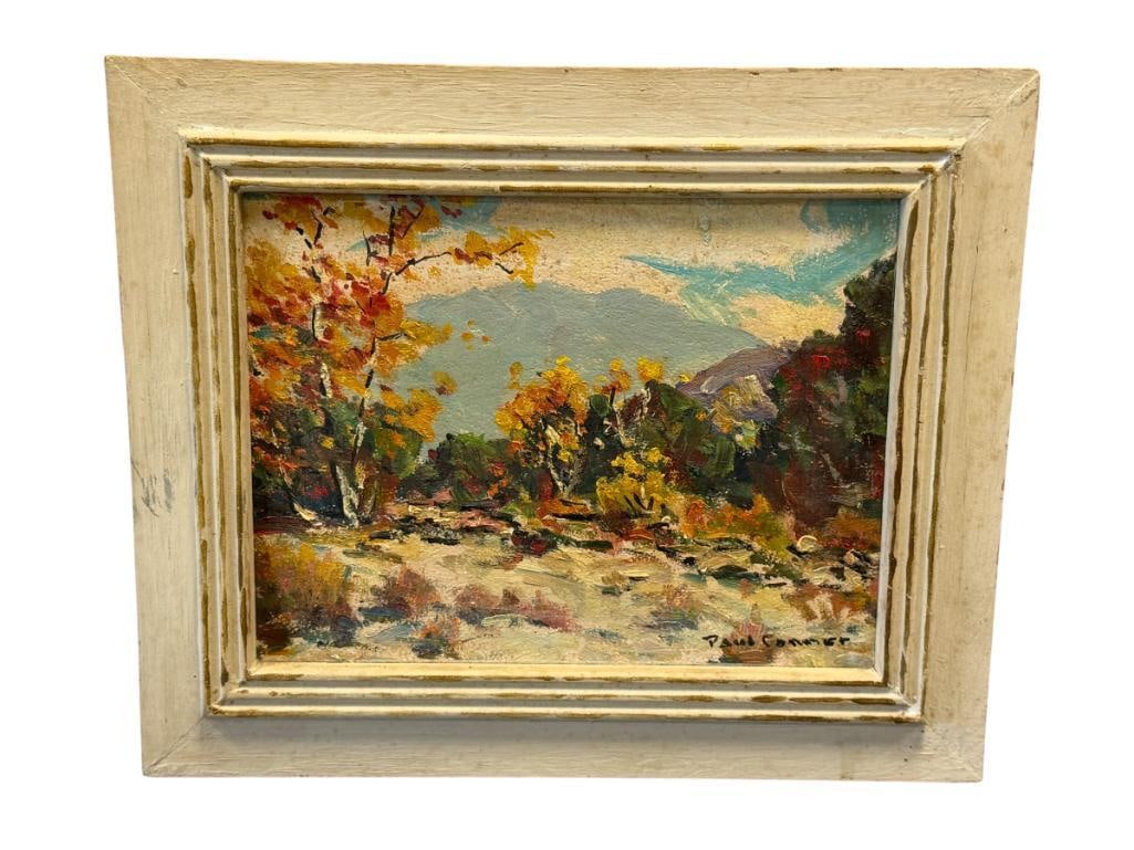 PAUL CONNER SO. CALIFORNIA ARTIST ORIGINAL OIL ON BOARD LANDSCAPE PAINTING BIG SANTA ANITA CANYON: PAUL CONNER (1881-1968) WAS BORN IN RICHMOND, IN AND MOVED TO CALIFORNIA IN 1919 AND REMAINED THERE FOR THE REST OF HIS LIFE, ART DEPICTS AND COLORFUL LANDSCAPE WITH CLOUDY SKIES AND MOUNTAIN IN THE B