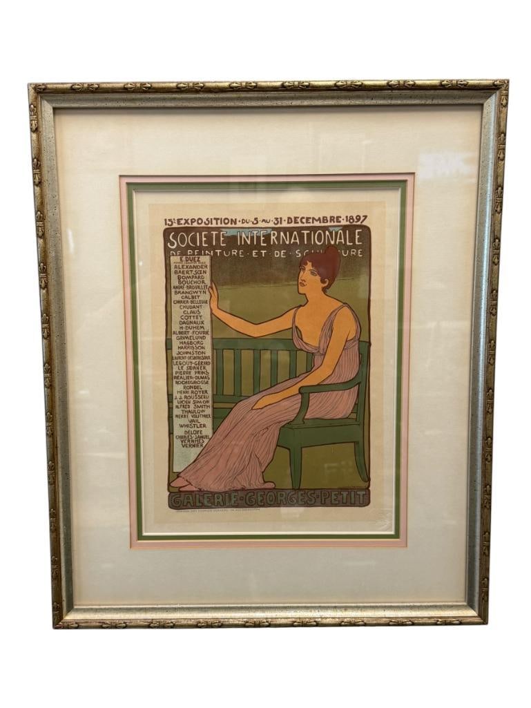 1897 LITHO POSTER DESIGNED BY MAURICE REALIER-DUMAS 15TH EXHIBITION EXPO IN PARIS: INTERNATIONALE DE PEINTURE ET DE SCULPTURE AT THE GALERIE GEORGES PETIT IN PARIS, ART NOUVEAU STYLE ILLUSTRATION, PLATE SIGNED WITH EMBOSSED STAMP LOWER RIGHT, FRAMED 17 1/4" X 20 3/4" FRAME