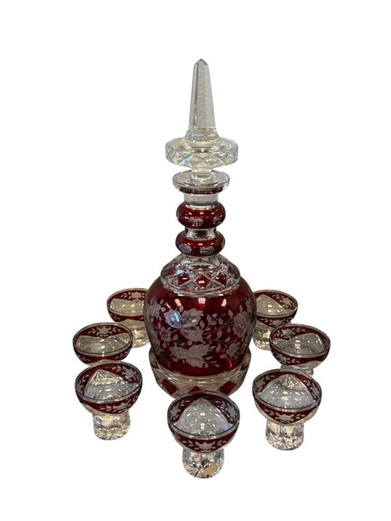 ART DECO PERIOD BOHEMIAN CRANBERRY FLASH ETCHED FLORAL DECANTER SET POSSIBLY CARL WUNSCH (1 of 11)