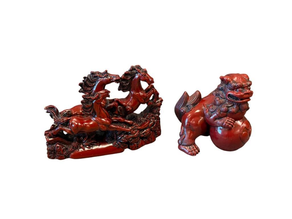 CINNABAR LIKE RESING CHINESE FOO DOG AND RUNNING HORSES FENG SHUI FIGURINES (1 of 9)