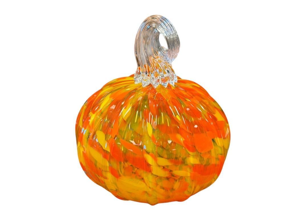 HOERAUF SIGNED ART GLASS YELLOW AND ORANGE CONFETTI PUMPKIN DATED 2007 (1 of 8)