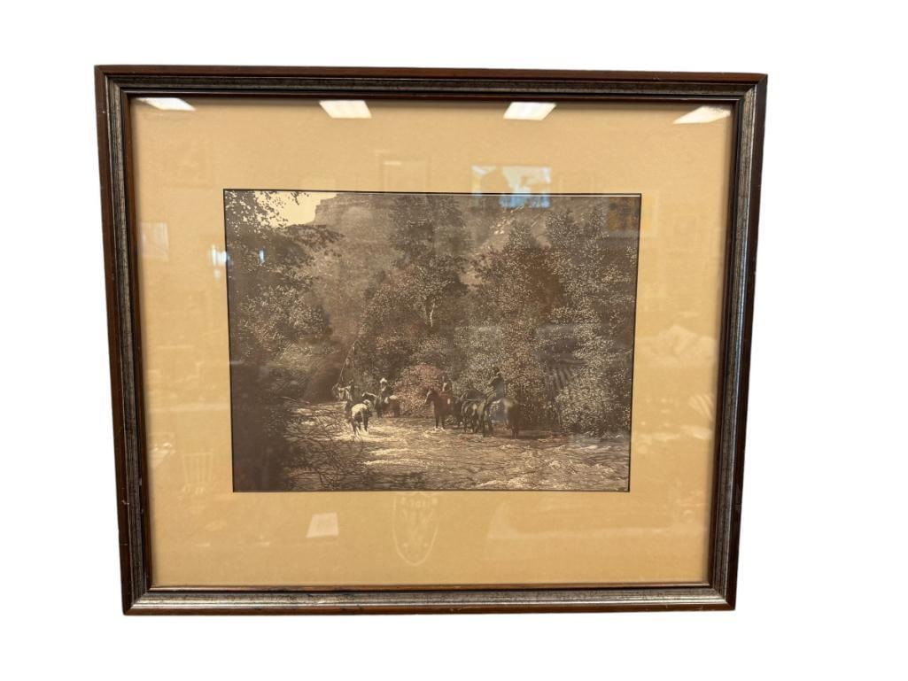 VINTAGE SEPIA TONED PHOTOGRAPH PRINT OF NATIVE AMERICANS ON HORSEBACK GOING THRU A RIVER (1 of 6)