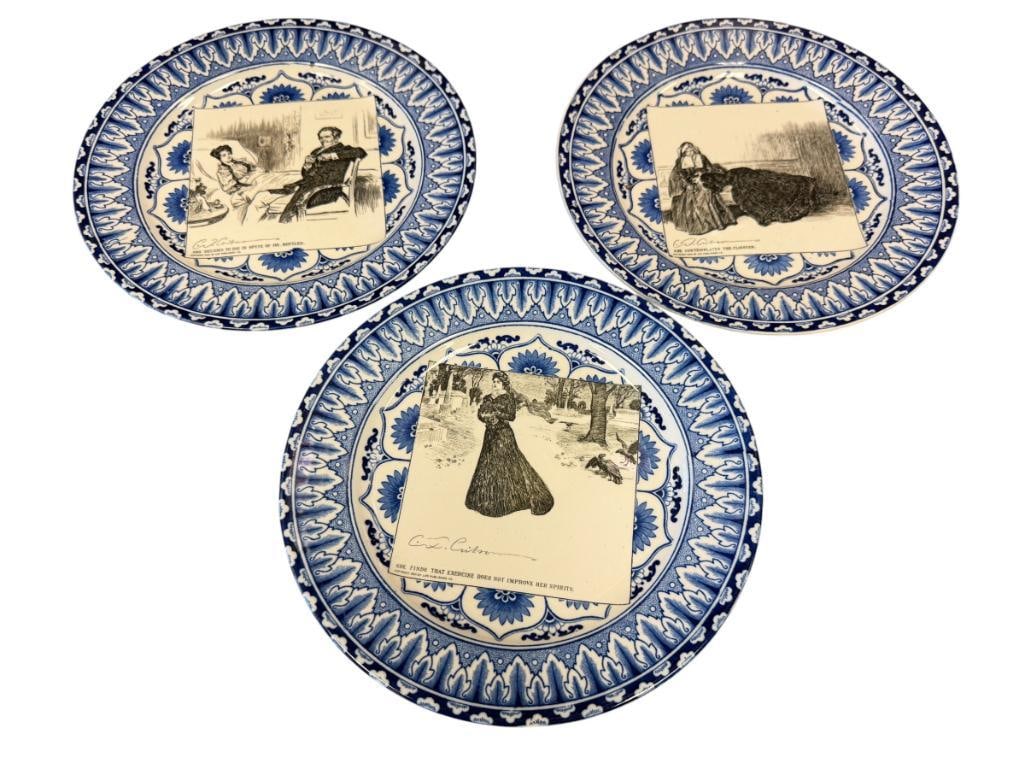 EARLY 1900'S ROYAL DOULTON BLUE AND WHITE FLOW BLUE DESIGN GIBSON GIRL WIDOW AND HER FRIENDS PLATES (1 of 11)
