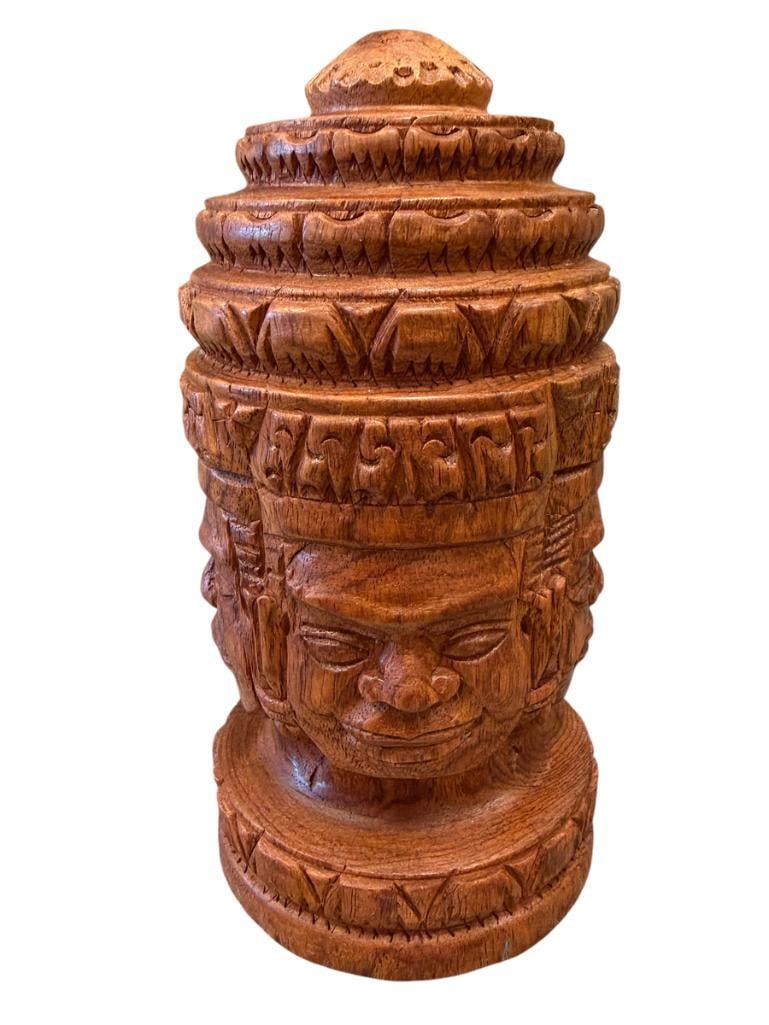BAYON TEMPLE GUARDIAN HEAD INTRICATE CARVED HARDWOOD FEATURES FOUR FACES PHRA PHROM: 7 3/4" H