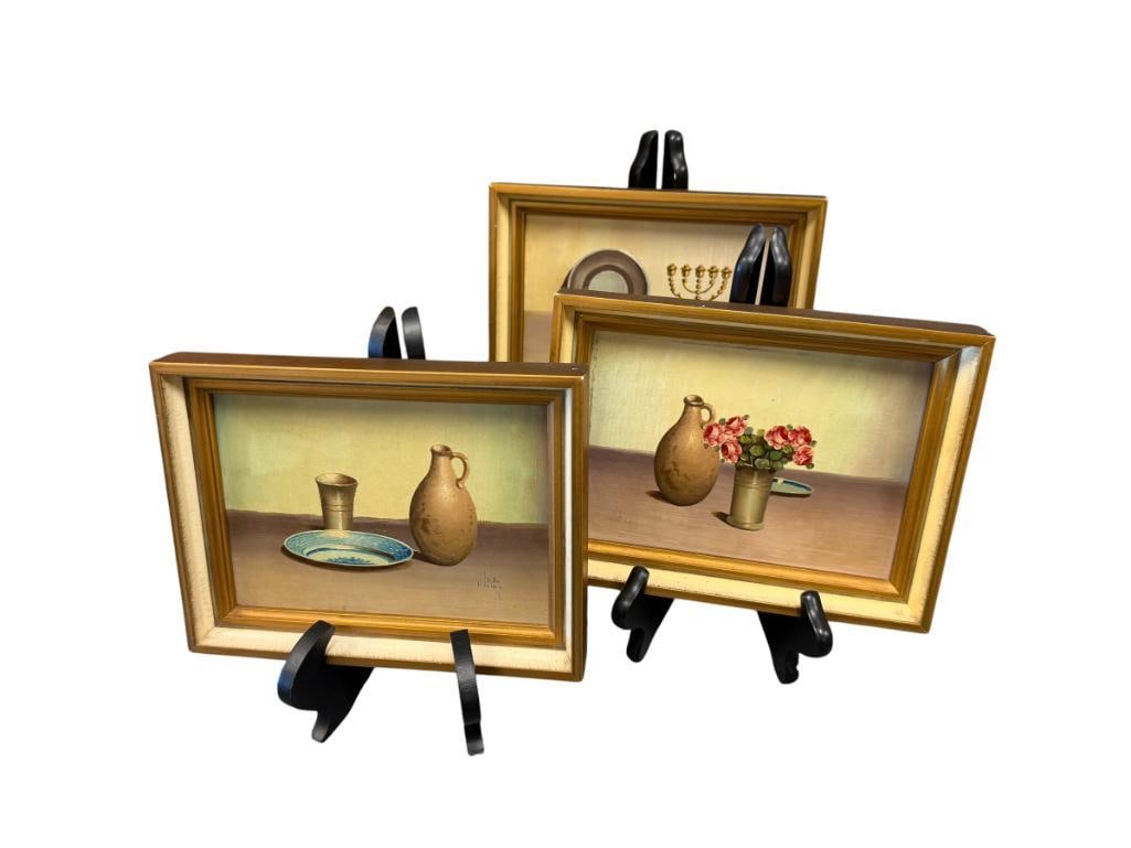 V. WELEY LISTED DUTCH ARTIST ORIGINAL MINIATURE OIL ON BOARD STILL-LIFE PAINTIINGS: DUTCH REALISM PAINTINGS OF VESSELS AND FLOWERS ON A SURFACE, SIGNED LOWER CORNERS, EASELS INCLUDED 8" X 6" FRAMES