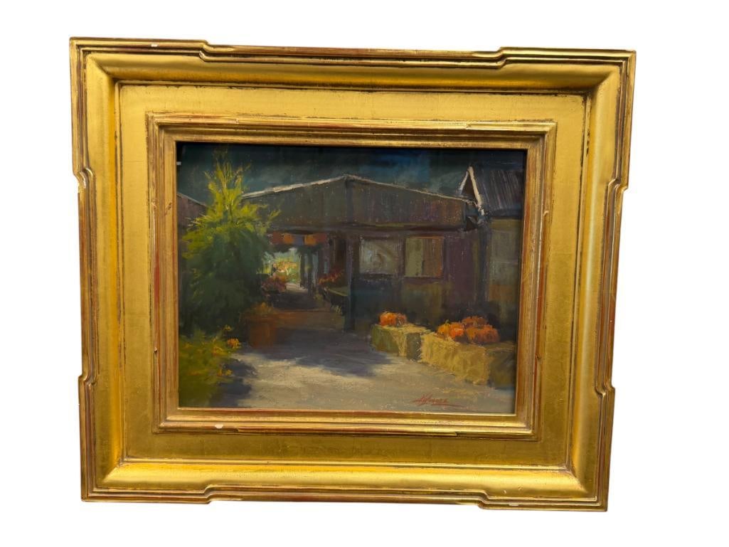 KIM LORDIER CALIFORNIA ARTIST ORIGINAL OIL ON PAPER PASTEL PAINTING HALF MOON BAY HARVEST: ARTIST IS KNOWN FOR HER CALIFORNIA LANDSCAPES, ART DEPICTS FLOWER SHOP WITH PUMPKINS ON HALE BAILS OUTSIDE, SIGNED LOWER RIGHT, FRAMED 20 1/2" X 17 1/2" FRAME