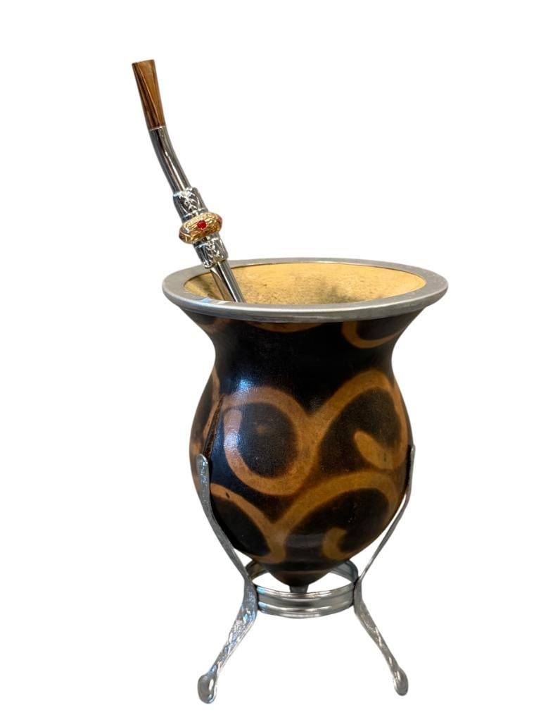 YERBA MATE DECORATIVE GOURD TEA CUP WITH THREE FOOTED STAND AND ALPACA BEJEWLED TEA STRAW: 5" GOURD, 8" STRAW