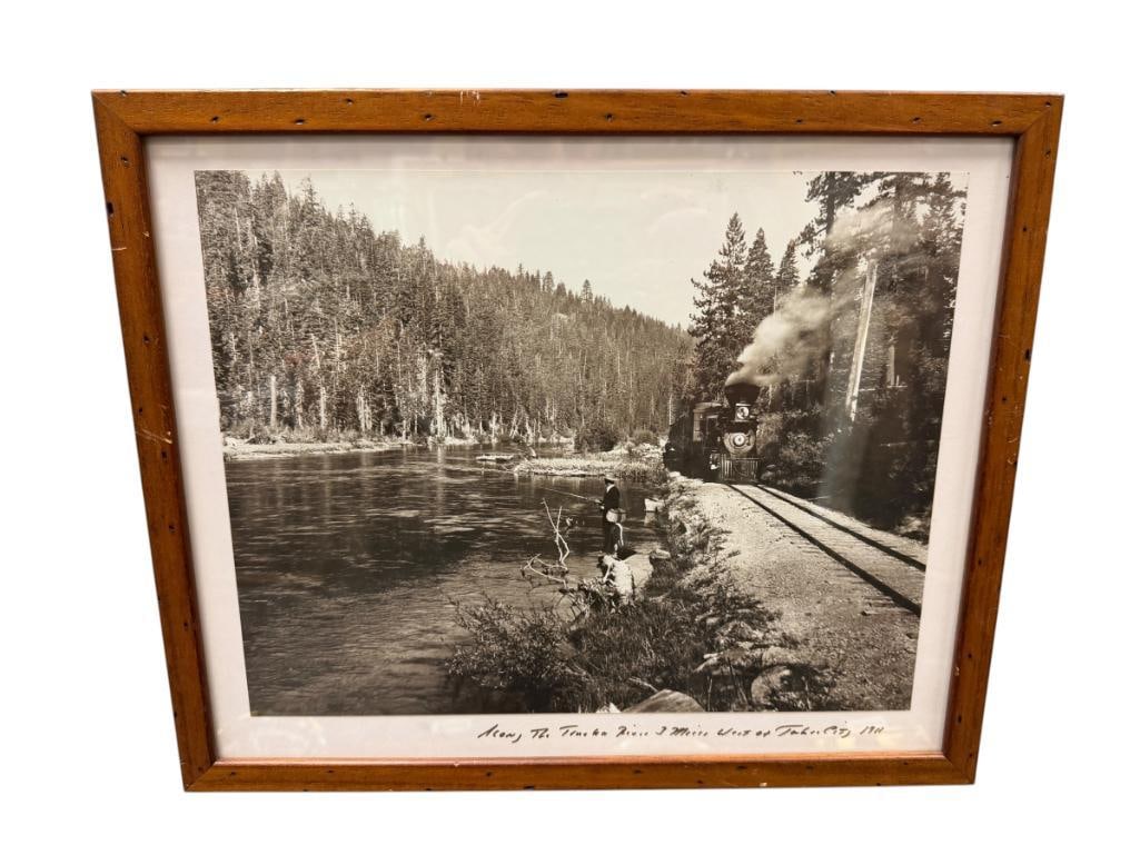 BLACK AND WHITE PHOTOGRAPH LOCOMOTIVE PASSING A FISHERMAN ON TRUCKEE RIVER WEST OF TAHOE CITY 1911: 17" X 14" FRAME