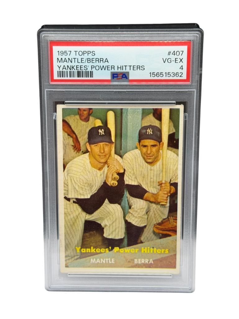 1957 TOPPS #407 MICKEY MANTLE YOGI BERRA YANKEES' POWER HITTERS BASEBALL CARD VG-EX 4: PSA CERTIFICATE #156515362, RARE CARD, FROM THE ESTATE OF A LOCAL RENO, NV DOCTOR AT RENOWN WHO RAN BIG LEAGUE SPORTS MEDICINE BASEBALL CAMP FOR NEARLY 20 YEARS, DOCTOR JOHN ANDREW CAMERON
