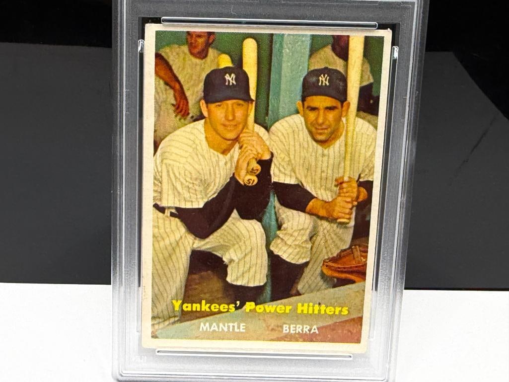 1957 TOPPS #407 MICKEY MANTLE YOGI BERRA YANKEES' POWER HITTERS BASEBALL CARD VG-EX 4 - 2
