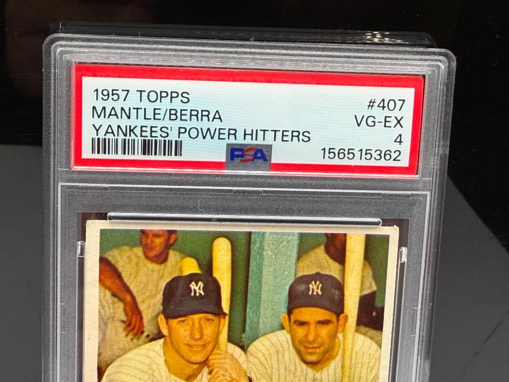 1957 TOPPS #407 MICKEY MANTLE YOGI BERRA YANKEES' POWER HITTERS BASEBALL CARD VG-EX 4 - 3