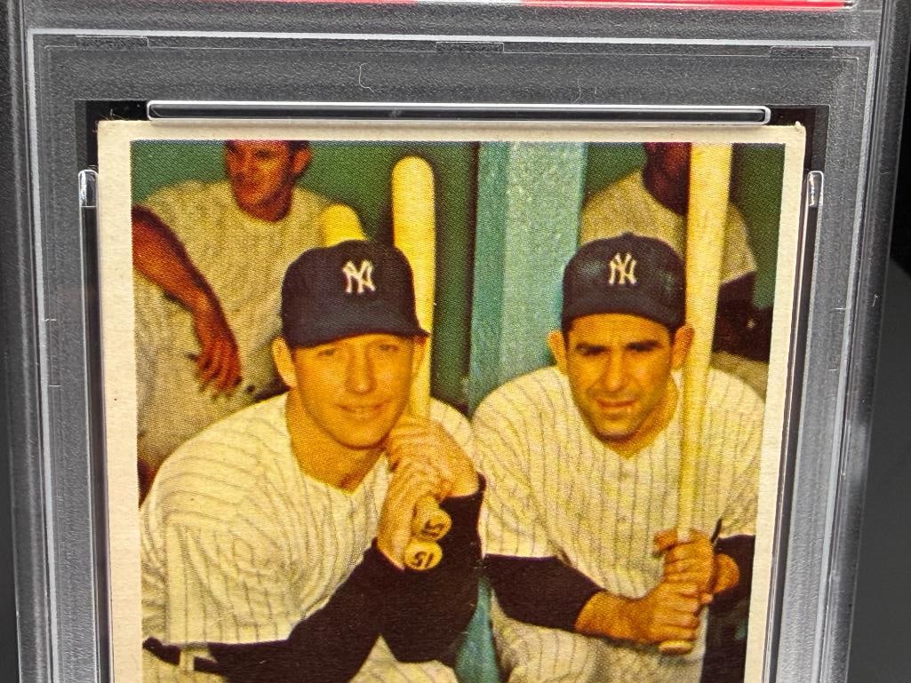 1957 TOPPS #407 MICKEY MANTLE YOGI BERRA YANKEES' POWER HITTERS BASEBALL CARD VG-EX 4 - 4