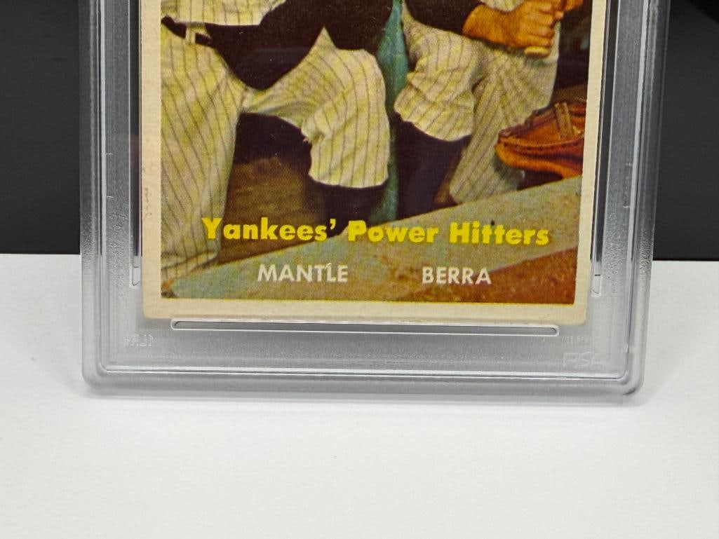 1957 TOPPS #407 MICKEY MANTLE YOGI BERRA YANKEES' POWER HITTERS BASEBALL CARD VG-EX 4 - 5
