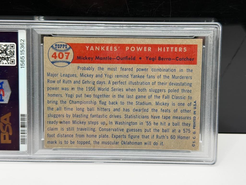 1957 TOPPS #407 MICKEY MANTLE YOGI BERRA YANKEES' POWER HITTERS BASEBALL CARD VG-EX 4 - 6