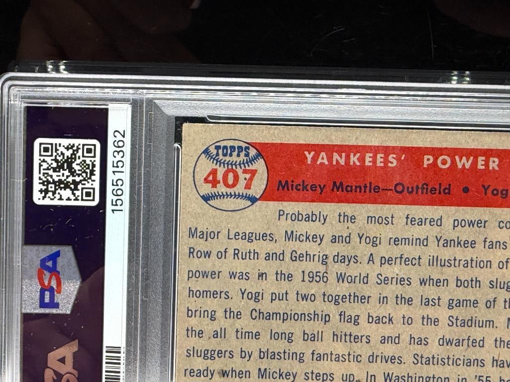 1957 TOPPS #407 MICKEY MANTLE YOGI BERRA YANKEES' POWER HITTERS BASEBALL CARD VG-EX 4 - 7