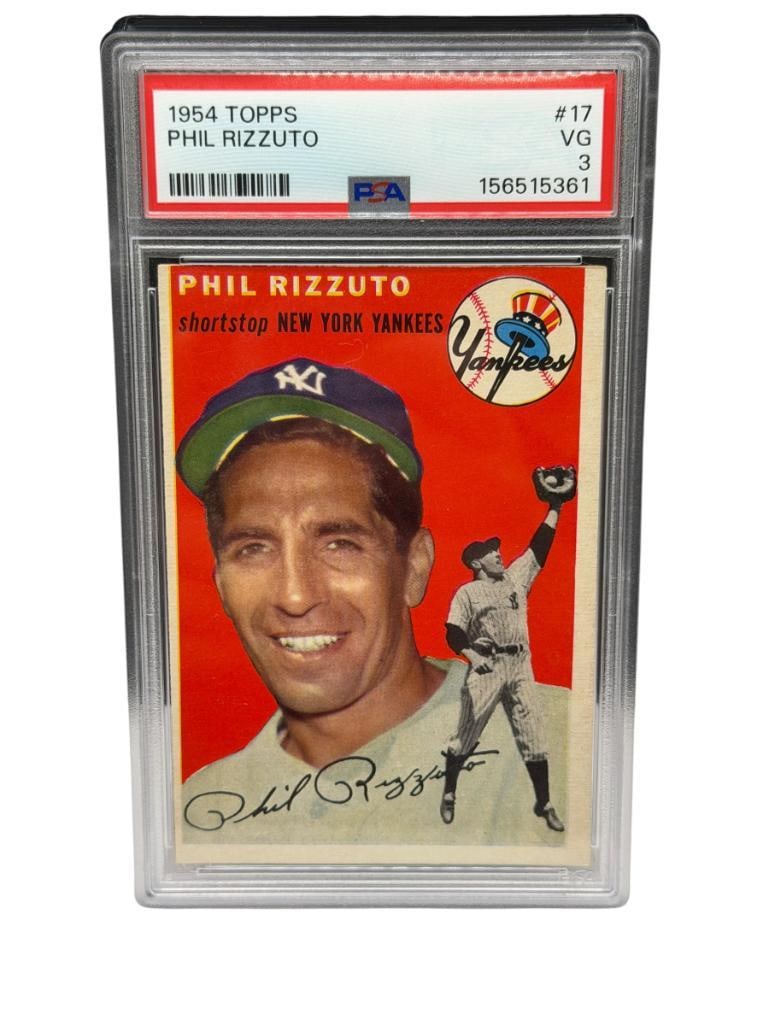 1954 TOPPS #17 PHIL RIZZUTO BASEBALL CARD PSA VG 3: PSA CERTIFICATE # 156515361, PHILIP FRANCIS RIZZUTO, NEW YORK YANKEES, RARE CARD, FROM THE ESTATE OF A LOCAL RENO, NV DOCTOR AT RENOWN WHO RAN BIG LEAGUE SPORTS MEDICINE BASEBALL CAMP FOR NEARLY