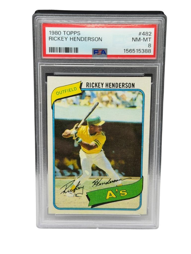 1980 TOPPS #482 RICKEY HENDERSON ROOKIE BASEBALL CARD PSA NM-MT 8: PSA CERTIFICATE # 156515388, OAKLAND A'S, RARE CARD, FROM THE ESTATE OF A LOCAL RENO, NV DOCTOR AT RENOWN WHO RAN BIG LEAGUE SPORTS MEDICINE BASEBALL CAMP FOR NEARLY 20 YEARS, DOCTOR JOHN ANDREW